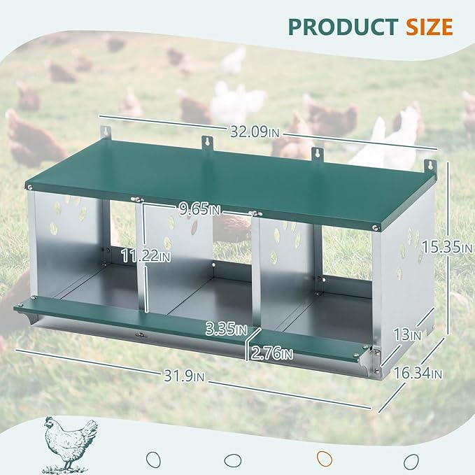 Chicken Nesting Box for Laying Eggs - 3 Room Chicken Laying Boxes, Nesting Boxes for Chickens, Heavy Duty Metal Chicken Coop, 32.9" L x 16.34" W x 15.35" H