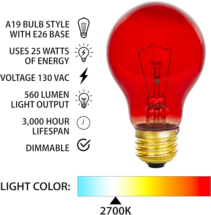 Mandala Crafts Clear 25 Watt Red Light Bulbs E26 Medium Base 120V 25W Red Bulbs