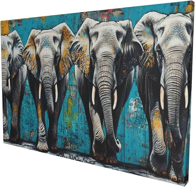 Olivine Elephant Large Wall Art, Banksy Elephants Pictures Wall Decor, Graffiti Elephant Family Canvas Prints Painting, Framed Artwork for Dining Room Living Room Bedroom Bathroom Office Home 36"x24"