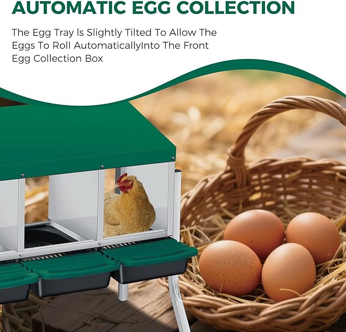 3 Compartment Metal Chicken Nesting Box, Automatic Roll-Out Egg Collection, Waterproof Galvanized Steel Laying Box with Perch & Wall Mount, for Hens Ducks Rabbits