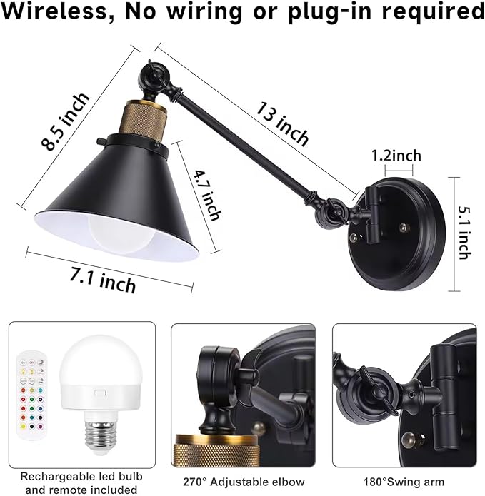TRLIFE Rechargeable Battery Operated Wall Sconce, Dimmable and Adjustable Color