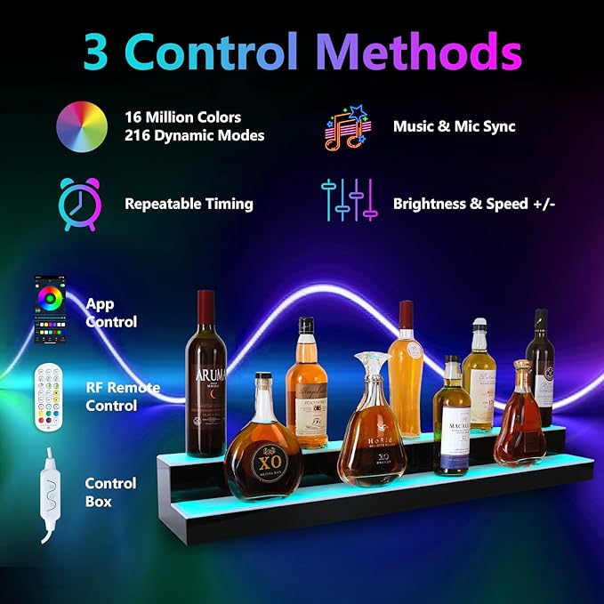 Led Lighted Liquor Bottle Display Shelf, 40 Inch 2 Tier Whiskey Rack, Support