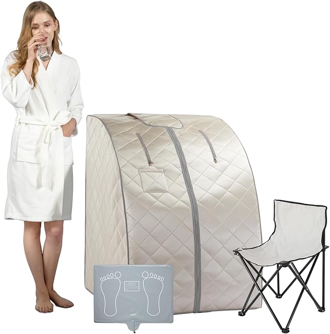 Smartmak Far Infrared Sauna, Full Body One Person Portable SPA Set with Time & Tempreture Remote Control, Heating Foot Pad and Foldable Reinforced Chair (L 27.6’’ x W 31.5’’ x H 37.8’’)- Beige