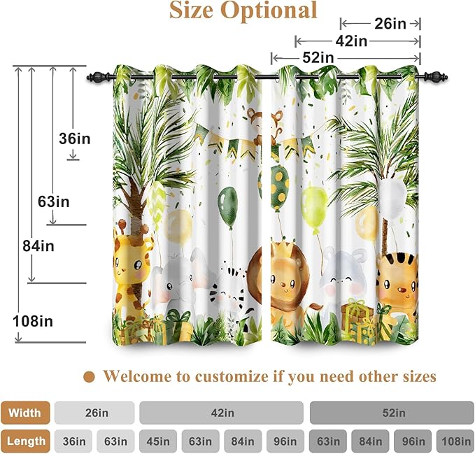 Renaiss 52 x 84 Inch Rainforest Safari Animal Curtains African Jungle Tropical Lions Tigers Elephants Giraffes Palm Trees Pattern Polyester Fabric Grommet Window Drapes for Nursery Bedroom 2 Panels