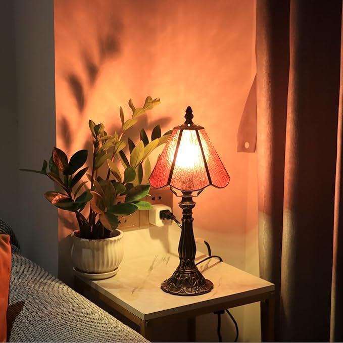 Small Tiffany Table Lamp Pink Bark Pattern Style Stained Glass Desk Lamps