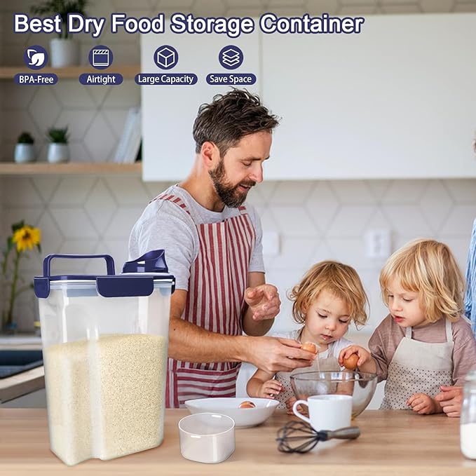 Rice Container, Airtight Rice Storage Container 10lb, Cereal Containers Storage, BPA Free Food Dispenser with Pouring Spout Handle for Flour Pasta Grain, Pet Dog Cat Bird Food Storage Container