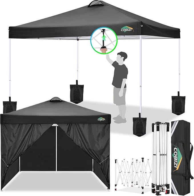 COBlZI 10x10 Pop Up Canopy Tent with 4 Removable Sidewalls，One Push Setup Waterproof Commercial Gazebo Tent with Air Vent, 4 Sandbags，4 Stakes & 8 Ropes（Tents for Party/Exhibition-Black
