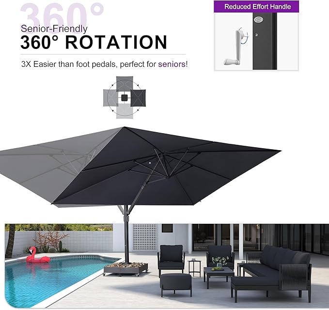 PURPLE LEAF 11' X 15' Rectangle Patio Umbrella Large Outdoor Aluminum Offset Umbrella with 360-degree Rotation Cantilever Umbrella for Garden Deck Backyard Pool Grey