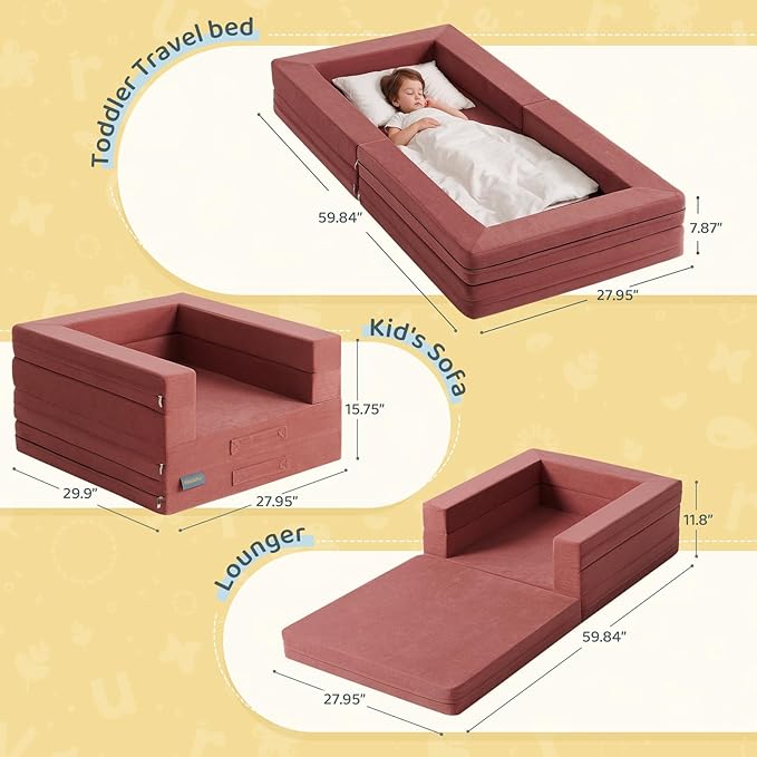 Travel Toddler Bed, 3-in-1 Convertible Sofa Bed for Toddler Portable Floor Beds, Flip Open Sofa Lounger for Girls and Boys, Made with High-Density Foam and Washable Cover,Red