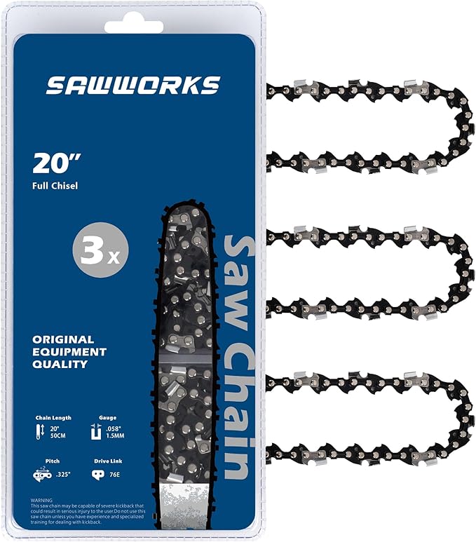 SawWorks 3-Pack 20 Inch Chainsaw Chain, 325" Pitch .058" Gauge 76 Drive Links for Supmix 62cc, WEMARS ‎6220G, NEOTEC NCS6200, Blue Max 53543, 52209, 8901, 8902 and More