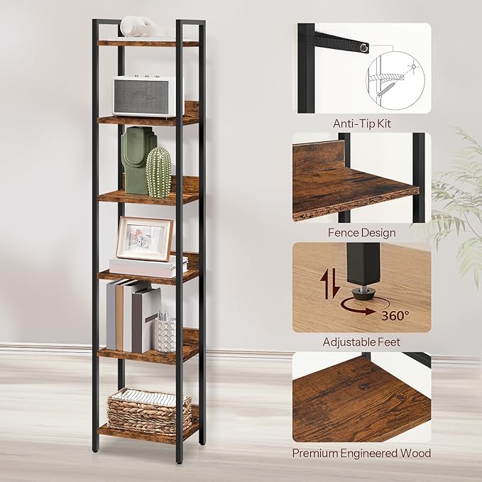 Bookshelf, 6-Tier Bookcase, Standing Book Shelf for Small Space, Storage Shelf Organizer, for Living Room, Bedroom, Study, Balcony, Rustic Brown and Black BKHR6601