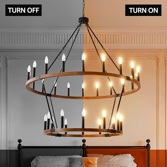 HHR 2 Tier 48'' Solid Wood Wagon Wheel Chandelier, 32-Light High Ceiling Island