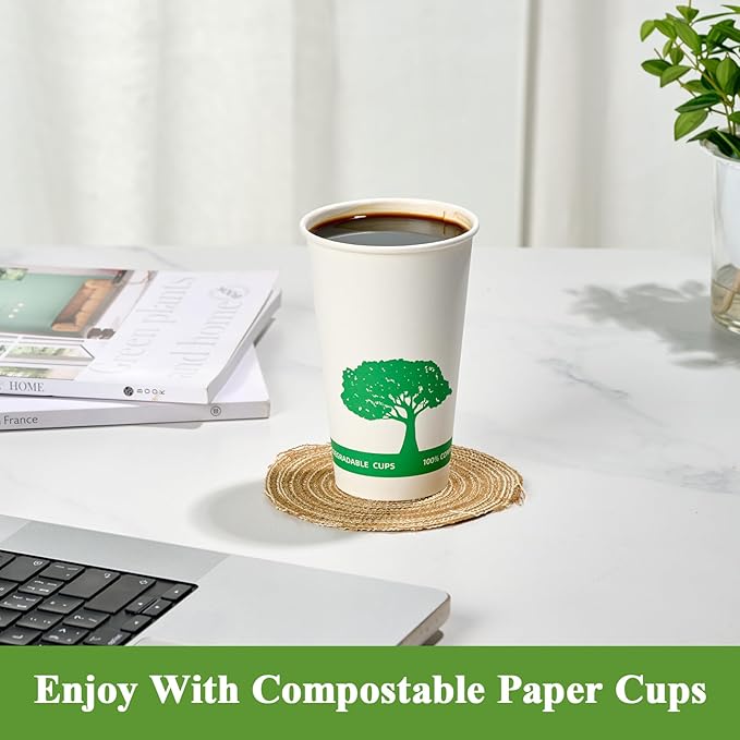 Vplus 240 Pack Compostable Paper Cups, 16 oz Paper Coffee Cups, Biodegradable Disposable Paper Cups, Eco-friendly Hot Drinking Cups for Party, Picnic,and Events