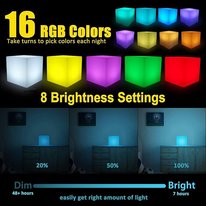 8-inch Waterproof LED Light Cube, USB Rechargeable Mood Light, 16 RGB Colors