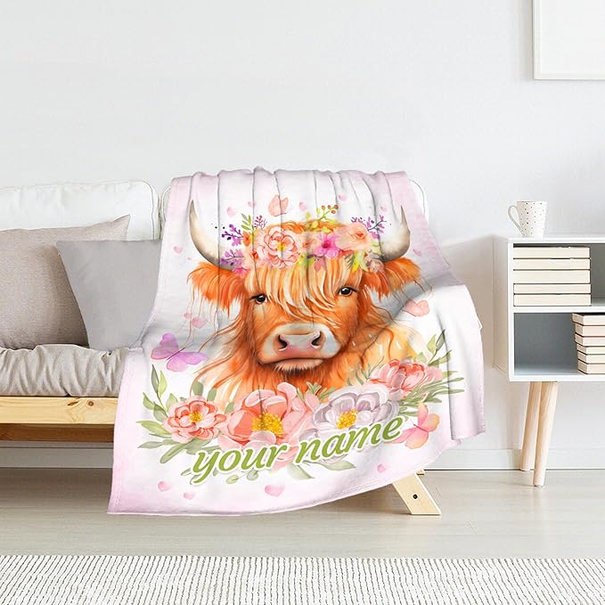 Personalized Highland Cow Blanket for Adults - 50" x 60" Inches Highland Cow Fuzzy Blanket for Teens - Pink Soft Lightweight Throw for Sofa, Bed & Travel