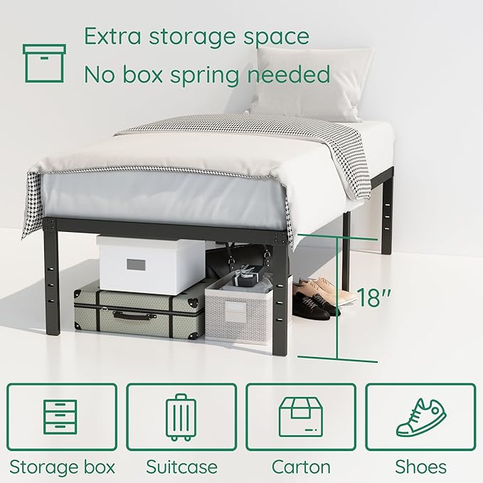 18 Inch Narrow Twin Bed Frames Heavy Duty No Box Spring Needed Metal Platform with Maximum Storage, Easy Assembly, Noise Free, Black