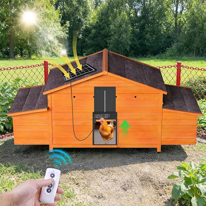 Automatic Chicken Coop with Solar Powered Door, Weather-Resistant Outdoor Chicken House with Timer & Light Sensor, Ventilated Wooden Hen House with 2 Nesting Boxes & Pull-Out Tray for Easy Cleaning