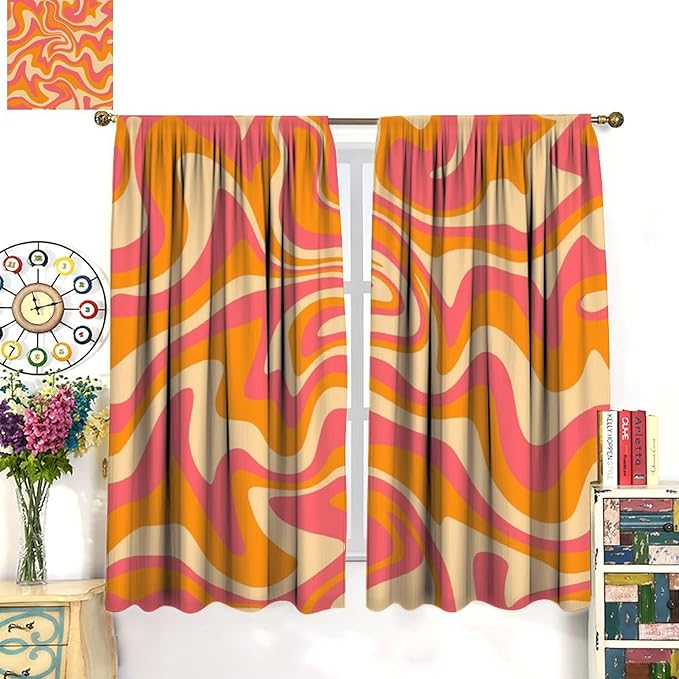 Abstract Wavy Swirl Curtains,60s 70s Groovy Aesthetic Retro Boho Orange Pink Abstract Curtains for Girls Bedroom Living Room Window 42"" W X 45"" L, Style-2