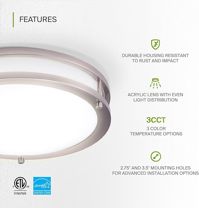 ASD LED 12" Round Flush Mount Lighting, Close to Ceiling Light Fixture | 3CCT