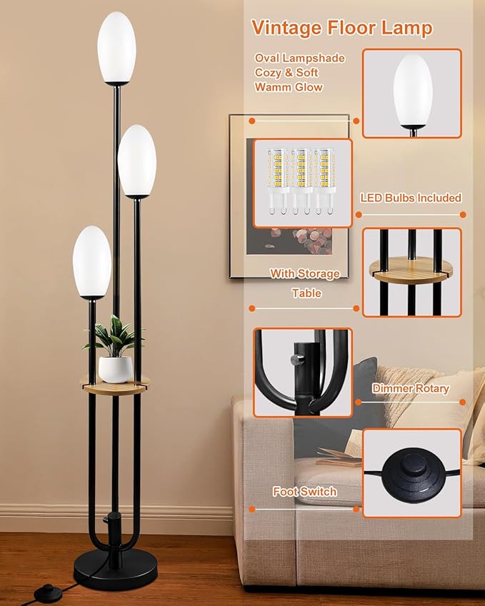 Black Dimmable Floor Lamp with Table, Unique Candle Holder Style Tall Standing