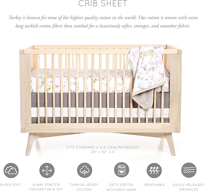Oilo Crib Sheet, Breathable, Fitted, Turkish Cotton Jersey, 300 Thread Count, Machine Washable, Fits Standard Crib (28" x 52" x 6"), Toddler Bedding, Girl, Boy, & Neutral Nursery Design, Woodland Fawn