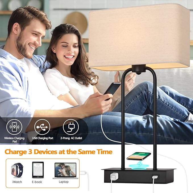 Set of 2 Wireless Charging Touch Control 3-Way Dimmable Table Lamps, Beside