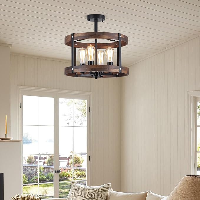 4-Light Large Rustic Farmhouse Flush Mount Ceiling Light Fixture 16.5 inch Oak