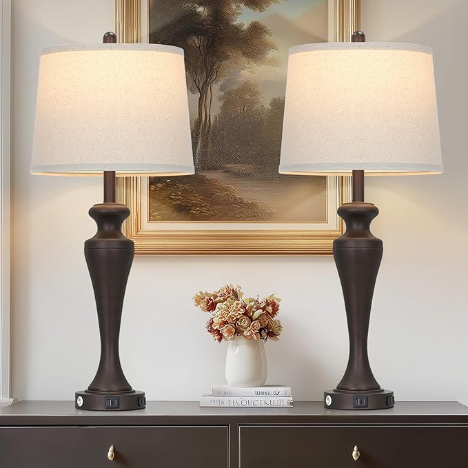 30" Brown Table Lamps Set of 2, 3-Way Touch Control Bedside Lamp