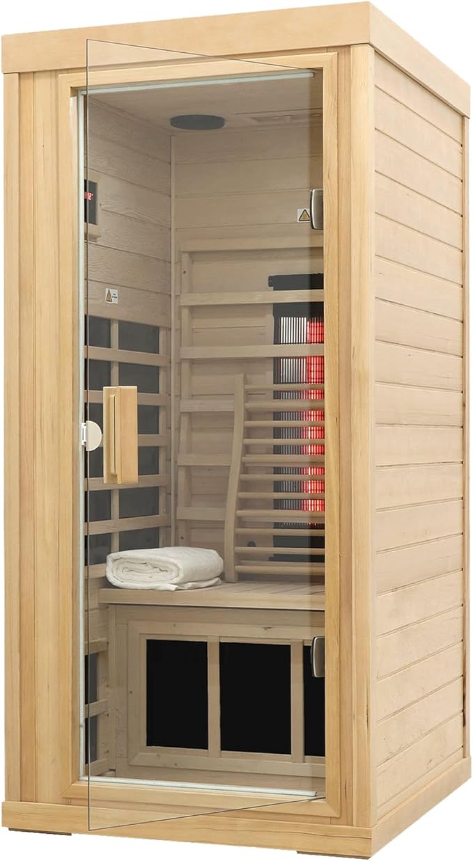 Ceramic Infrared Sauna, 1 Person Infrared Sauna, Hemlock Wood Home Sauna Spa, Far Infrared Sauna Indoor, Low EMF Infrared Saunas for Home with Smart Display, Bluetooth Speaker,1,240 watt