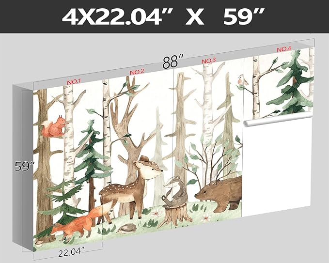 XMPMBM-Cartoon Hand-Painted Animals Woodland Nursery Room Fabric Wallpaper Graffiti Pine Forest Kids Gaming Room Wall Mural-W 88" X H 59"（36 Square Foot）
