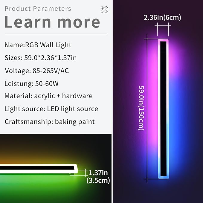2 Pack Modern Outdoor Wall Light, 59inch RGB LED Wall Sconce, IP65 Waterproof