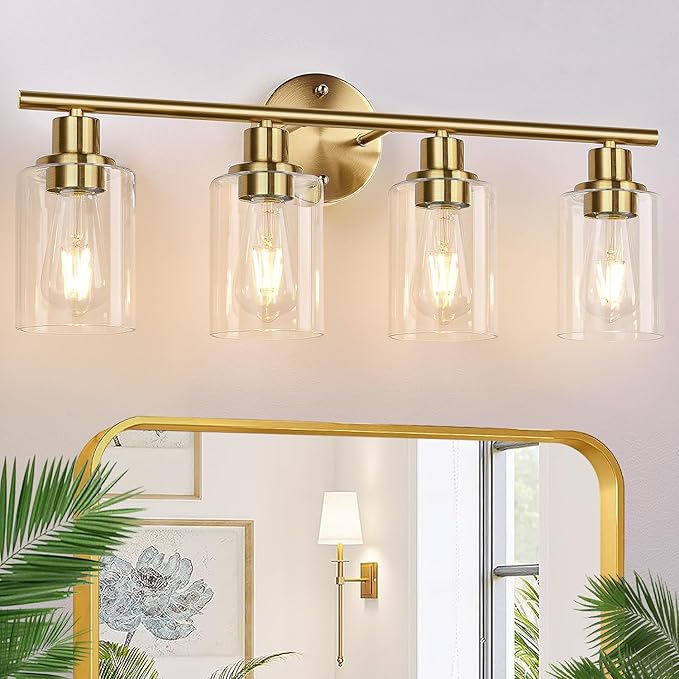 4-Light Bathroom Light Fixtures, Brushed Gold Modern Vanity Lights Over Mirror