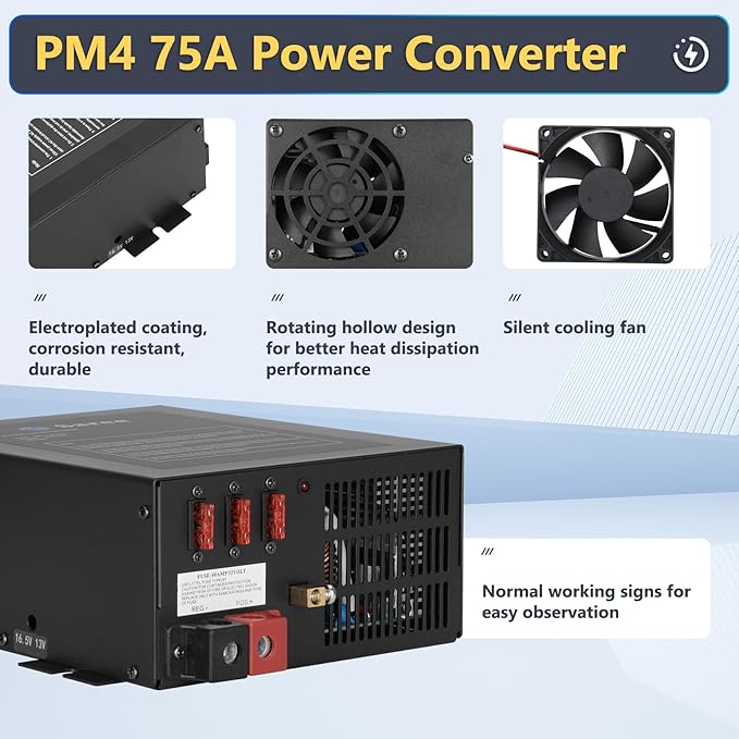 75A RV Power Converter 110VAC to 12VDC RV Converter 75 Amp RV Power Converters Built-in 4 Stage Smart Battery Charger for Lithium Batteries RV Converters Fully Adjustable Output from 13V to 16.5V