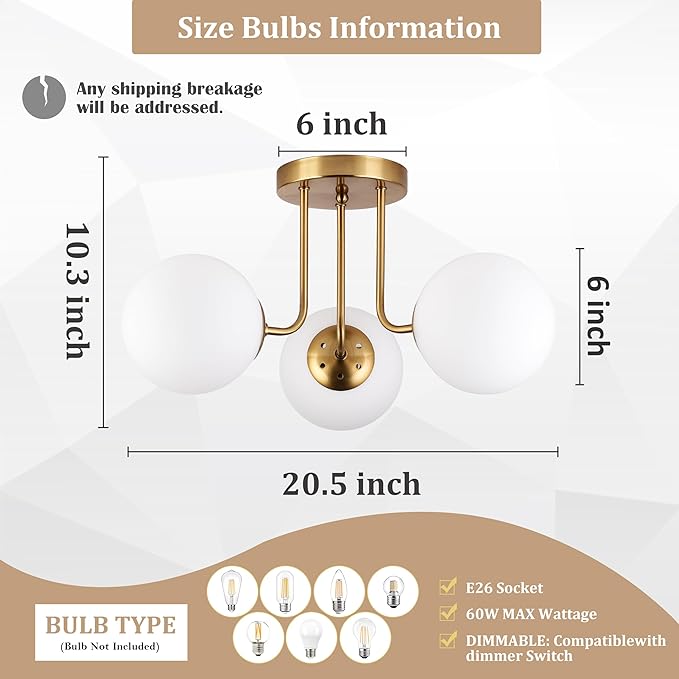 KoKo&Yukina 3-Light Semi Flush Mount Ceiling Light Globe Ceiling Light Mid Century Ceiling Light with Opal Milk Glass Globe & Brushed Brass for Bedroom Hallway Entryway Kitchen Living Room-Bulb Incl