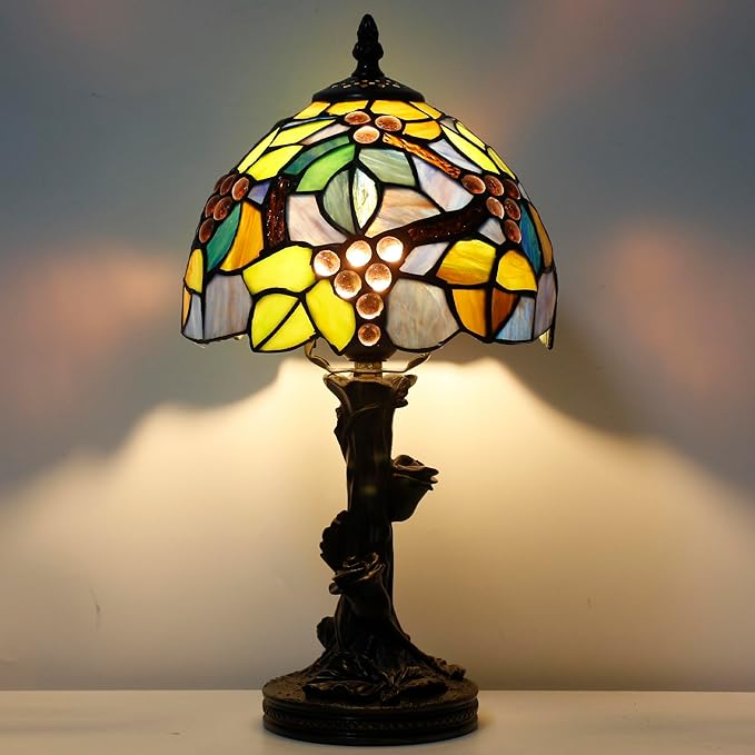 Small Tiffany Lamp Stained Glass Table Lamp Amber Grape Style Bedside Desk