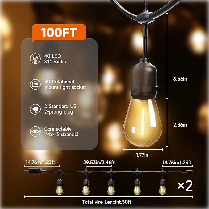 Outdoor Safety String Lights 100FT