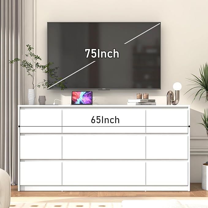 White Malm Dresser for Bedroom, 63 Inch Long 9 Drawers Dresser with Charging Station, Modern Large Wood Chest of Drawers Handle Free for Bedroom, Living Room, Entryway, Hallway, White