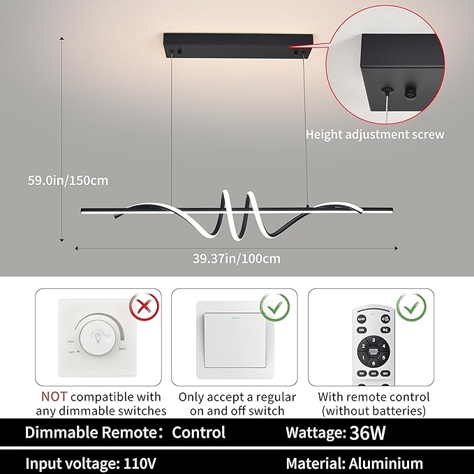 Modern LED Pendant Light, 39.37in Black Chandelier Dimmable