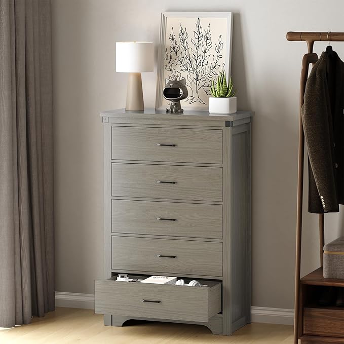 Farmhouse 5 Drawer Dresser for Bedroom, 47" Tall Chest of Drawers, Wood White Dresser with Deep Drawers, Storage Dressers Organizer for Bedroom, Living Room, Hallay, Grey