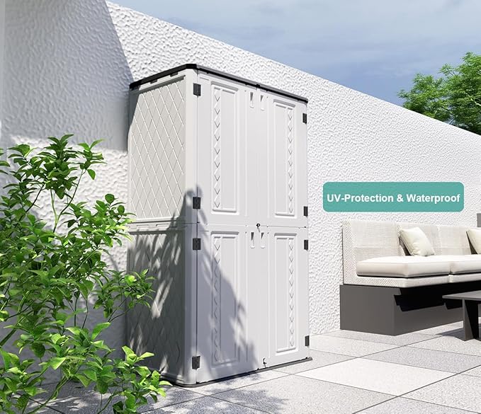 Outdoor Storage Shed,KINYING Outdoor Storage Cabinet Waterproof with Double Doors,52 Cu.ft Resin Vertical Tool Shed for Garden,Patio,Backyard,4×2.5×6.6 FT