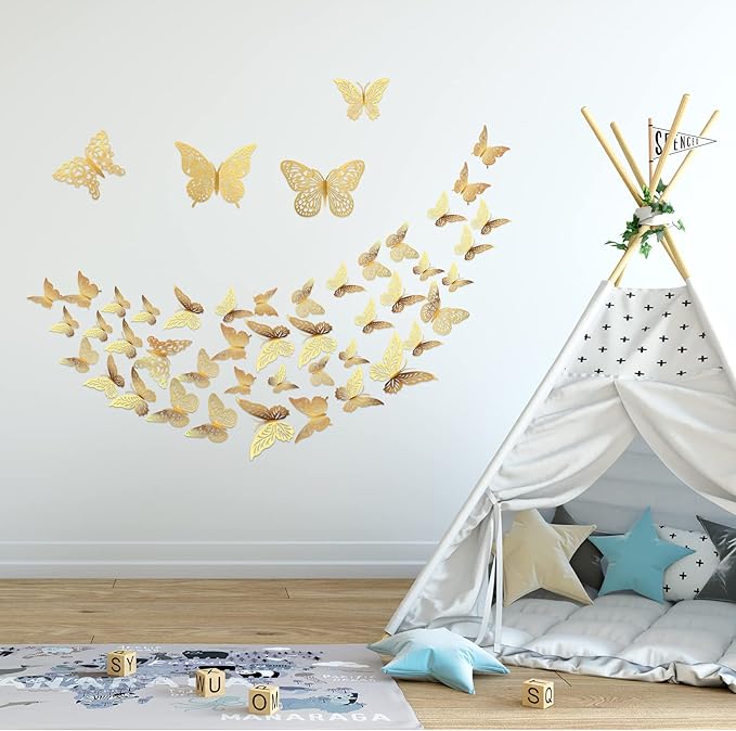 3D Gold Butterfly Wall Decor 3 Sizes 4 Styles Butterfly Party Decorations Cake Decorations Removable Stickers Wall Decor Room Mural Metallic Kids (Gold, 48Pcs)
