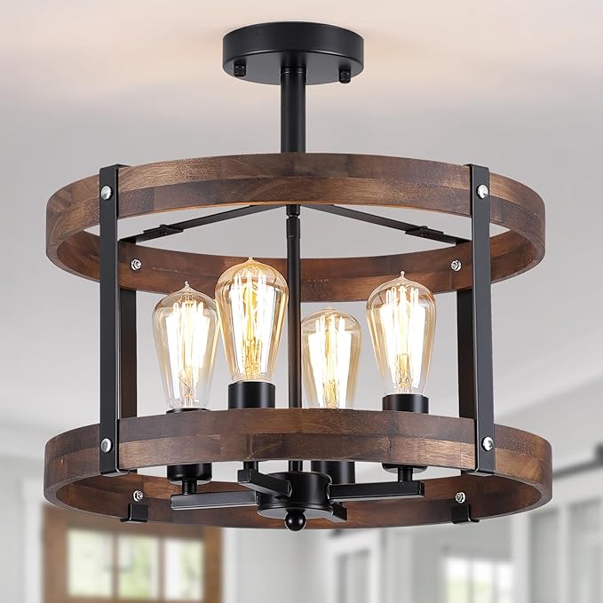 4-Light Large Rustic Farmhouse Flush Mount Ceiling Light Fixture 16.5 inch Oak
