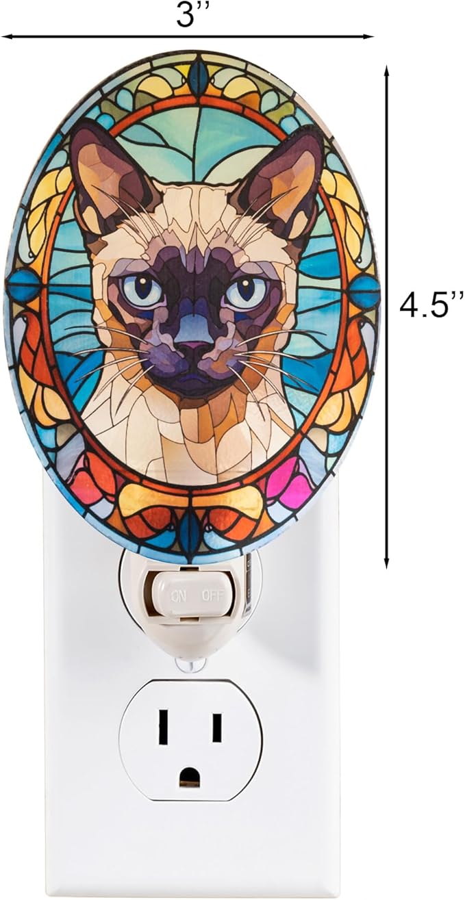 Siamese Cat Stained Glass Styled Night Light, Real Glass Plug-in Night Light