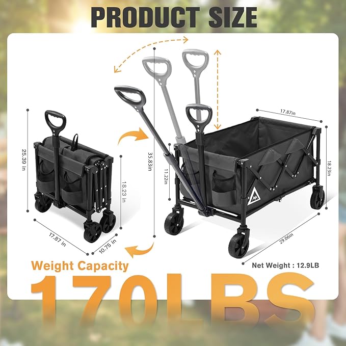 Wagon Cart Shopping Foldable Folding Collapsible with Wheels Big On Beach Garden Outdoor Grocery Heavy Duty Utility All Terrain Portable Wagons Carts for Groceries Sand Camping Sports Black