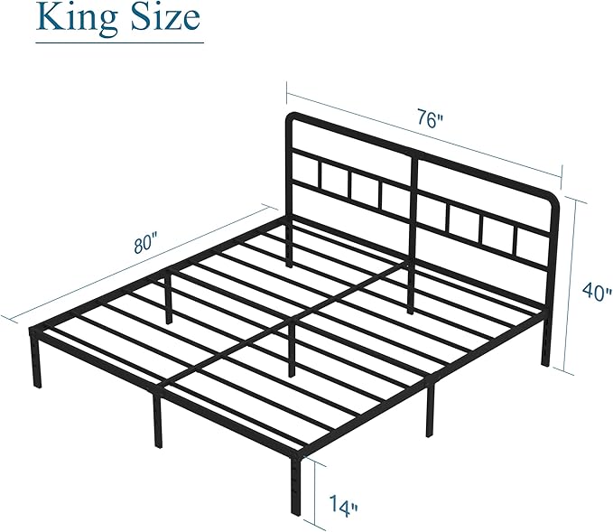 Metal Platform King Bed Frame with Headboard, 14 Inch No Box Spring Needed Heavy Duty Steel Slat Mattress Foundation/Easy Assembly/Noise Free/Black