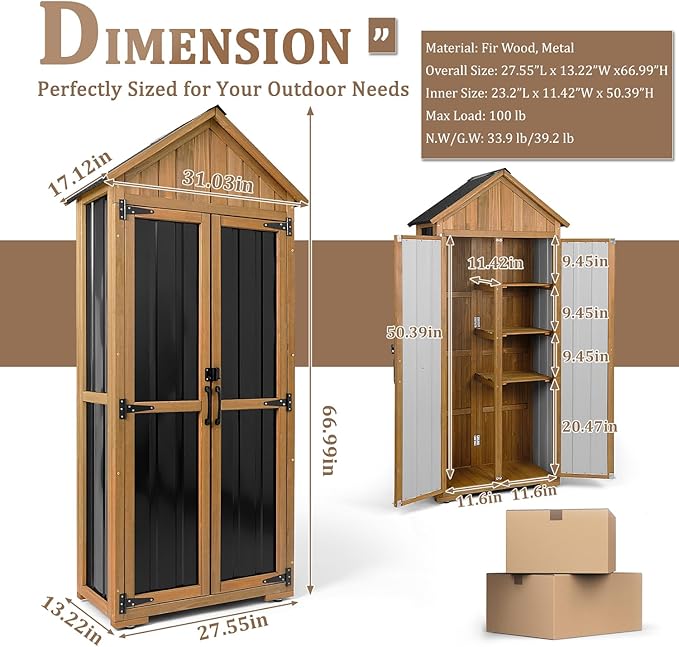 Outdoor Storage Cabinet Waterproof, Outdoor Storage Shed with Shelves, Wood & Metal Patio Backyard Garden Storage Cabinet Tool Organizer for Outside
