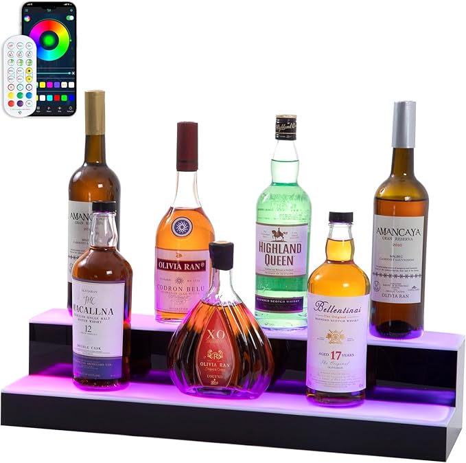 Led Lighted Liquor Bottle Display Shelf, 24 Inch 2 Tier Whiskey Rack, Support