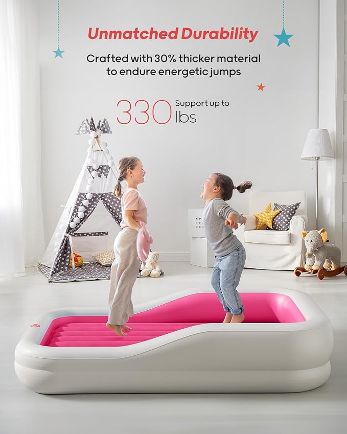 QPAU Inflatable Toddler Travel Bed with 3-Sided Safety Bumpers, Extra Large Kids Air Mattress, Includes Detachable Mattress, Portable for Camping, Travel, Home Use (Red)