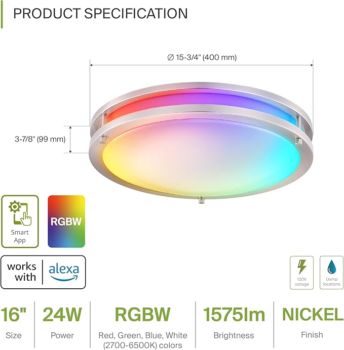 ASD LED 16" Round Flush Mount Lighting, Close to Ceiling Light Fixture | Smart