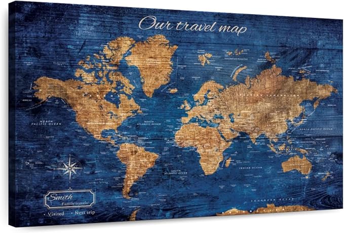 ElephantStock - Personalized Our Travel I Push Pin World Map Wall Art - Horizontal Canvas Wall Art - Living Room Wall Decor - Digital Art Map Canvas Art - Brown And Blue Decor - 30" x 20"